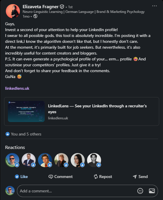 LinkedIn post about LinkedLens by Elizaveta Fragner